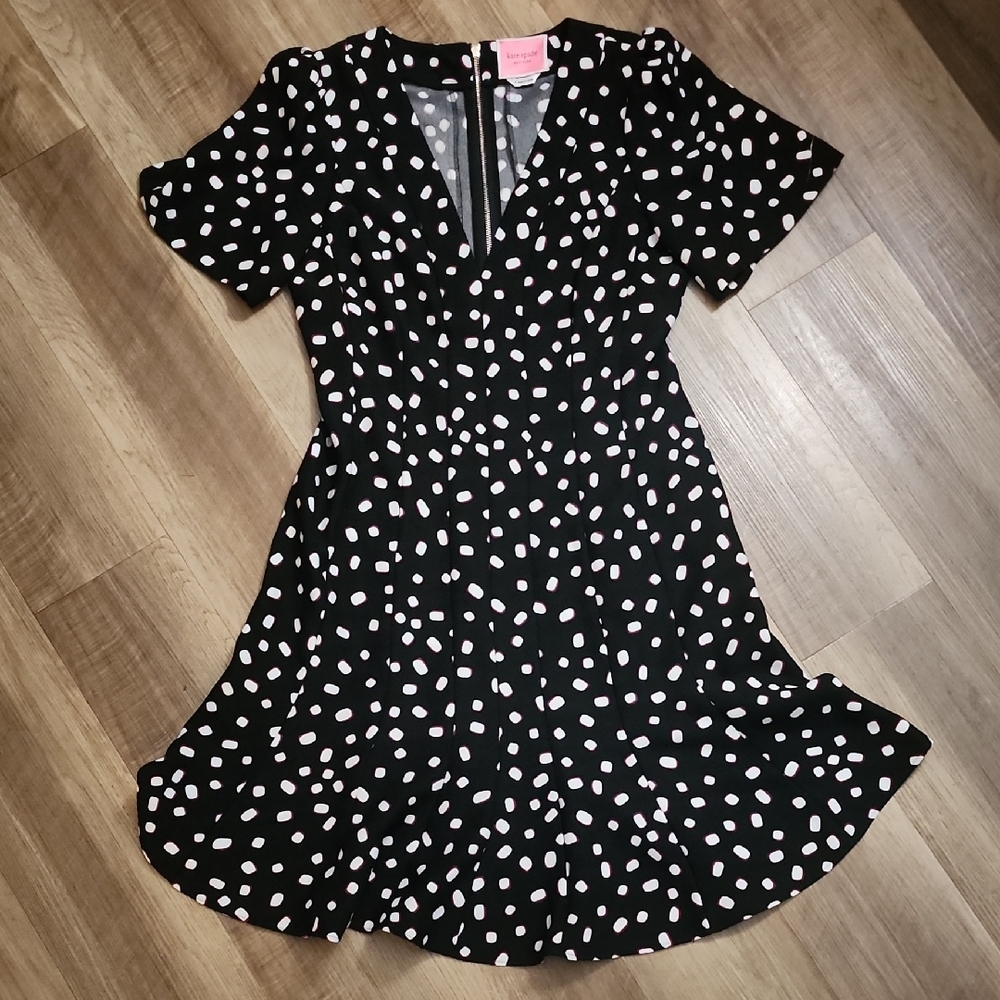 Kate Spade New York Mellow Black Polka Dot Fit & Flare Dress V-Neck - Picture 2 of 10